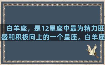 白羊座，是12星座中最为精力旺盛和积极向上的一个星座。白羊座的人性格极其坚定，有着强烈的探索精神，非常自主和独立。他们勇敢、果断，冲动而不失理智，极具领袖气质。